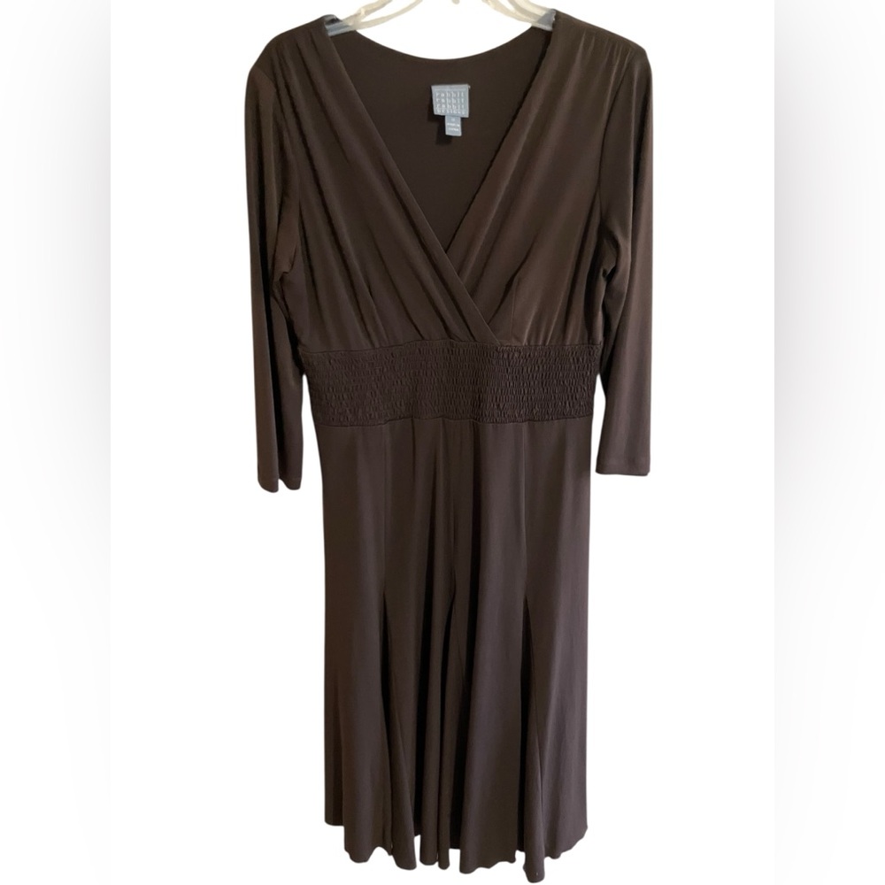 Rabbit Rabbit Slimming Design Brown Umpire Waist V Neck Swing Skirt Dress 12 - Picture 2 of 11